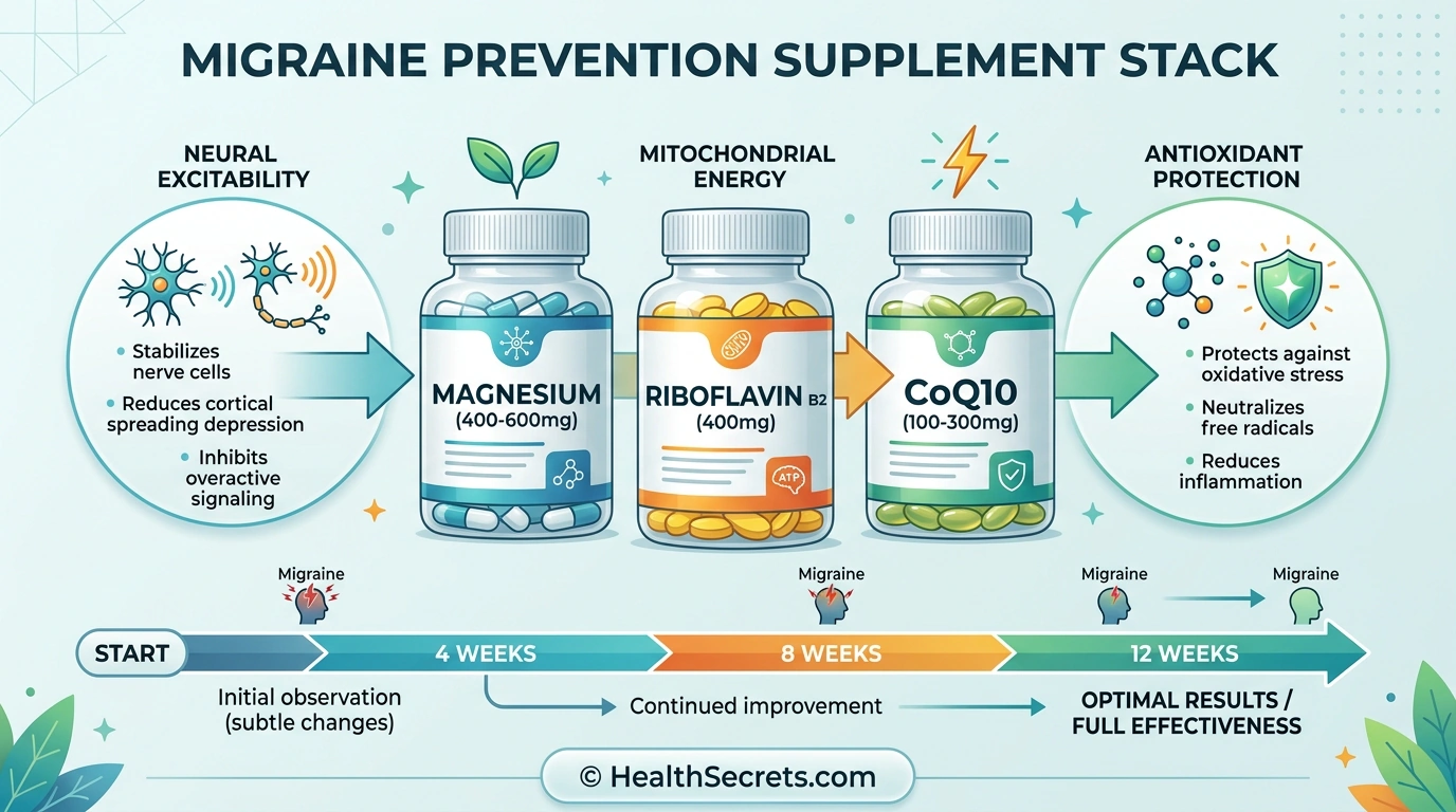 Migraine prevention supplement stack infographic showing magnesium, riboflavin, and CoQ10 with doses and mechanisms