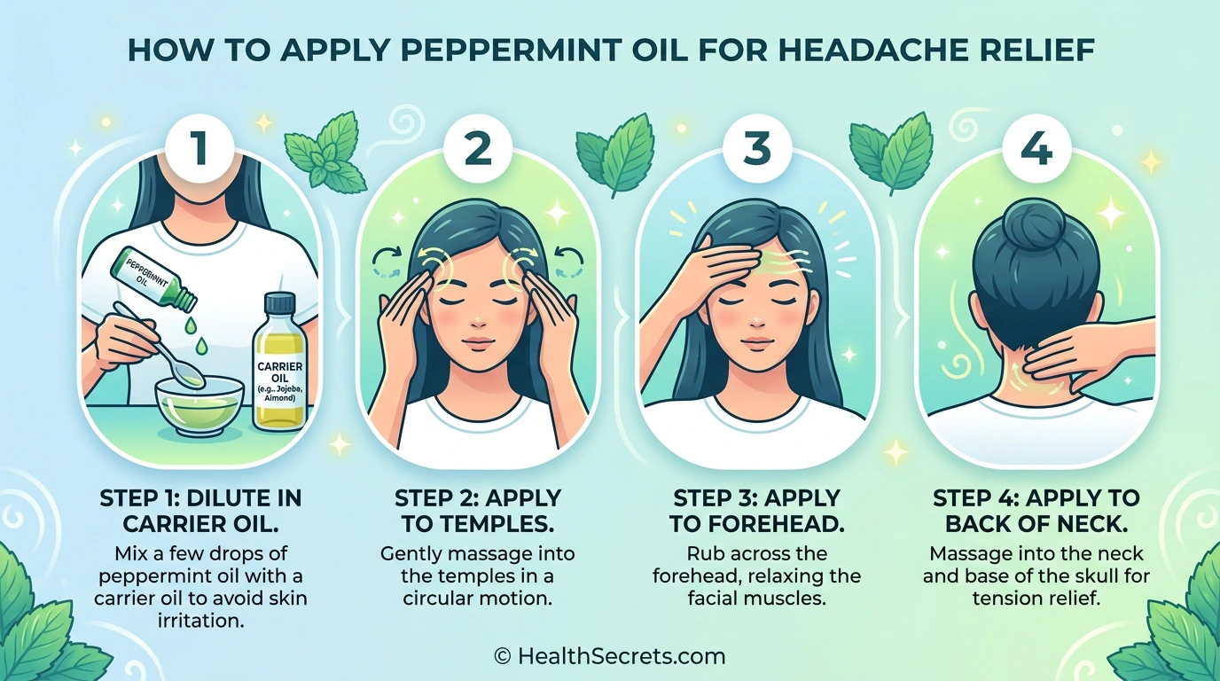 Step-by-step guide to applying peppermint oil for headache relief on temples, forehead, and neck