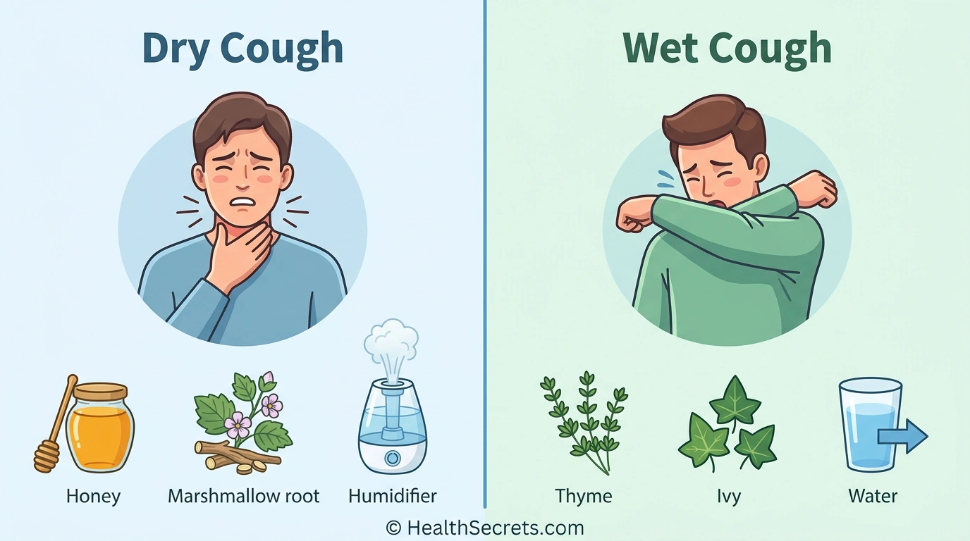 Infographic comparing dry cough vs wet cough symptoms and recommended natural remedies for each type