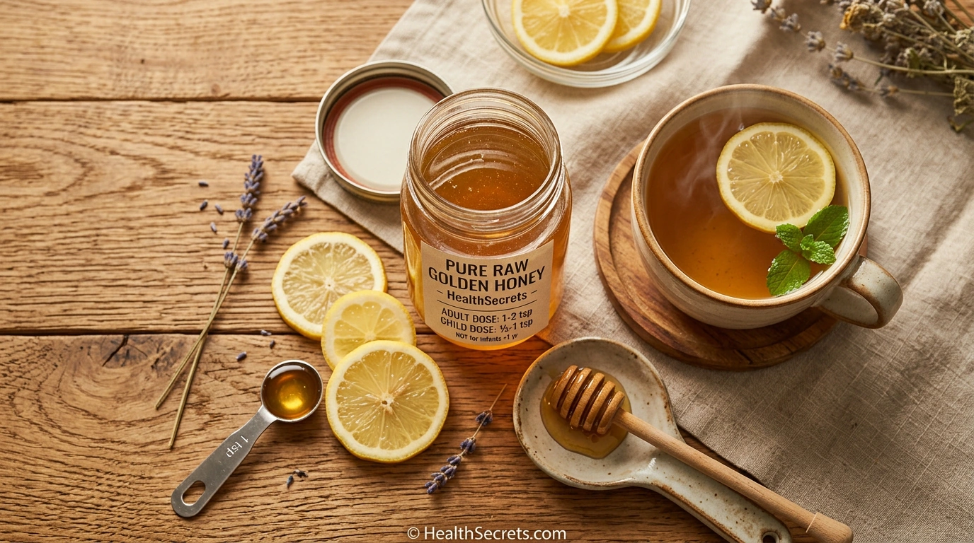 Honey dosing guide for cough relief showing recommended amounts for adults and children with raw honey jar and measuring spoon