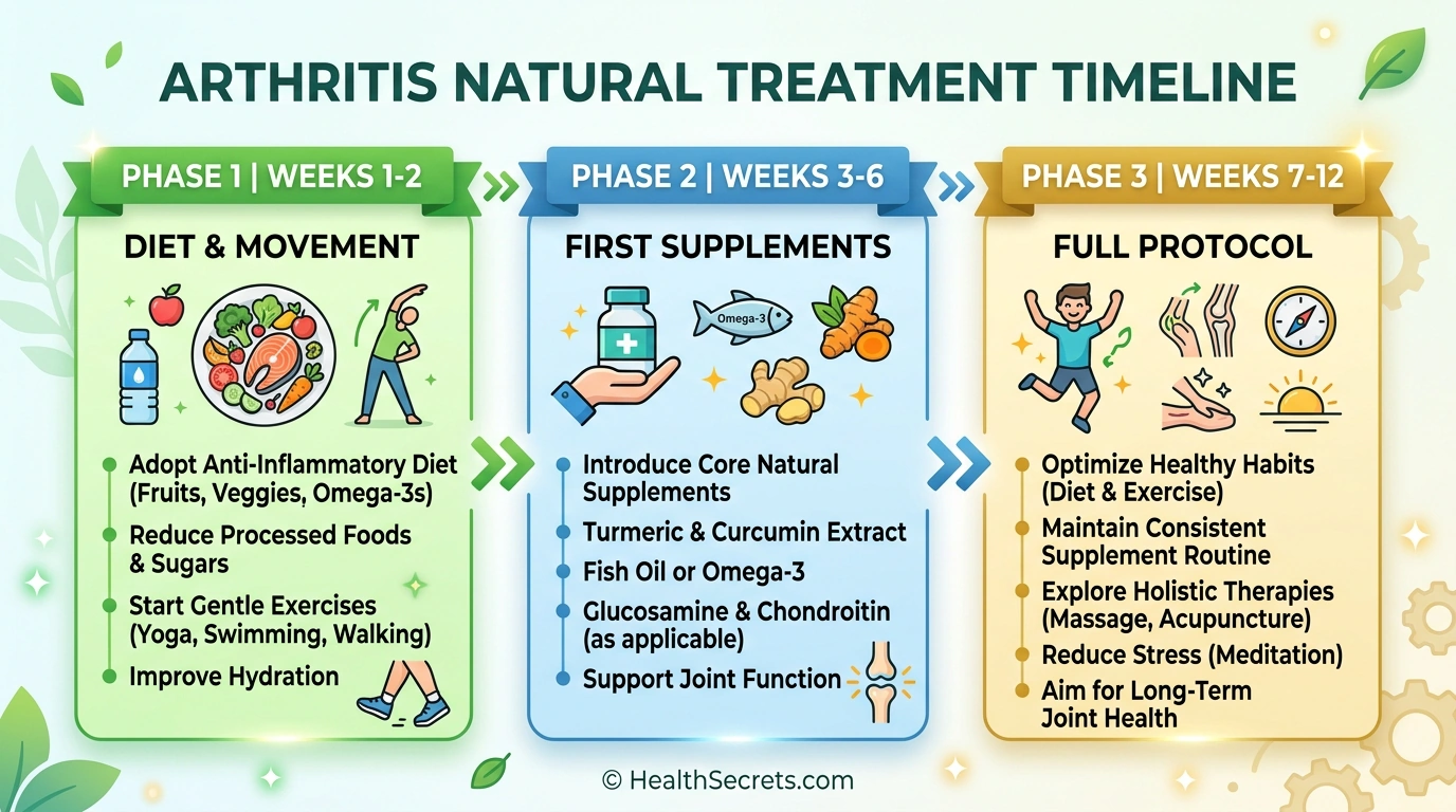 Three-phase arthritis natural remedy action plan infographic showing progressive treatment timeline
