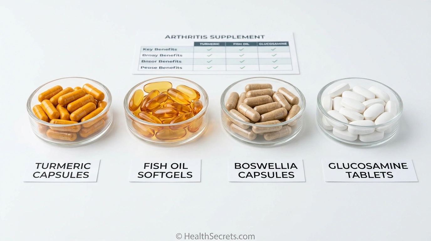 Comparison of top natural arthritis supplements including turmeric, omega-3, boswellia, and glucosamine