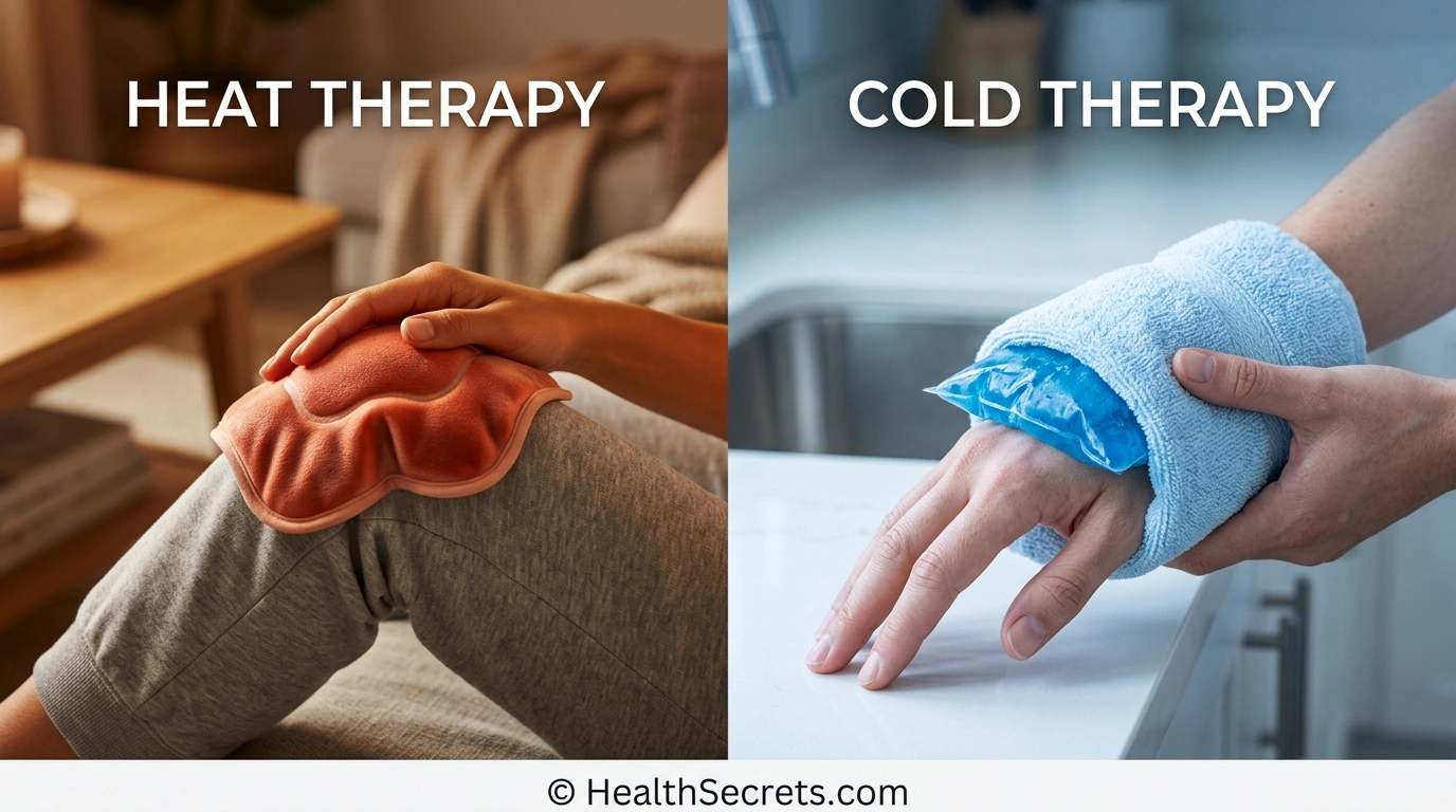 Hot and cold therapy comparison for arthritis pain management showing warm compress and ice pack