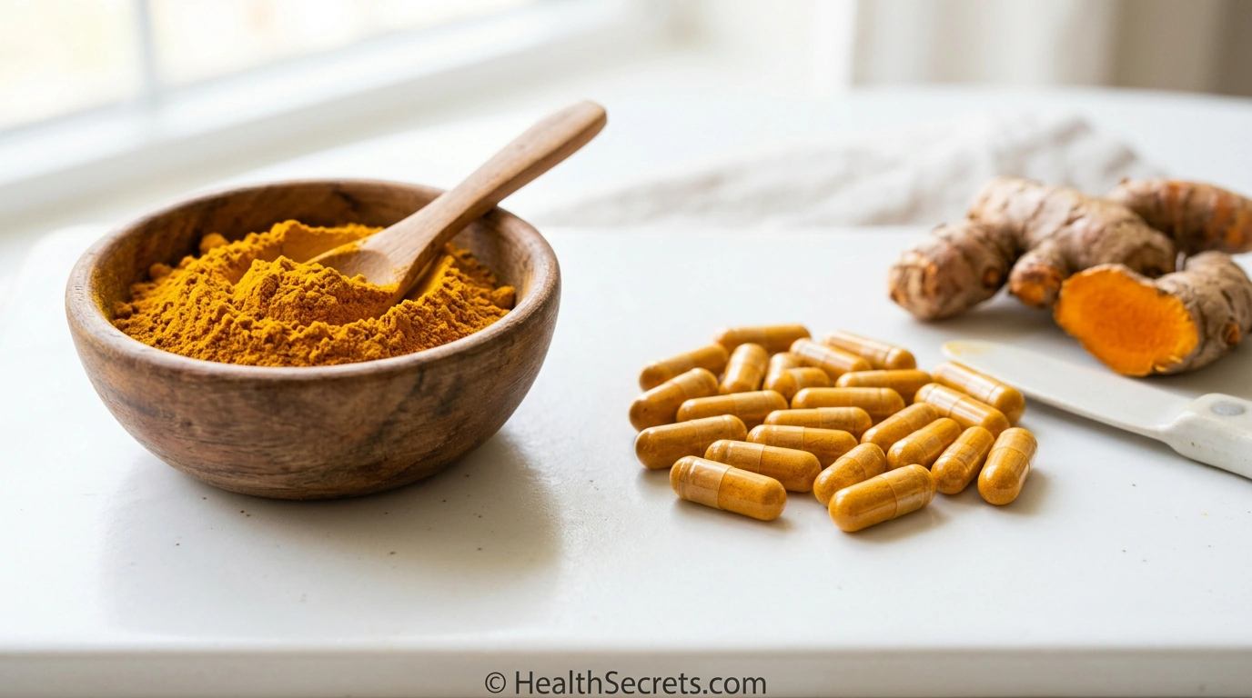 Turmeric powder and curcumin supplement capsules for arthritis pain relief