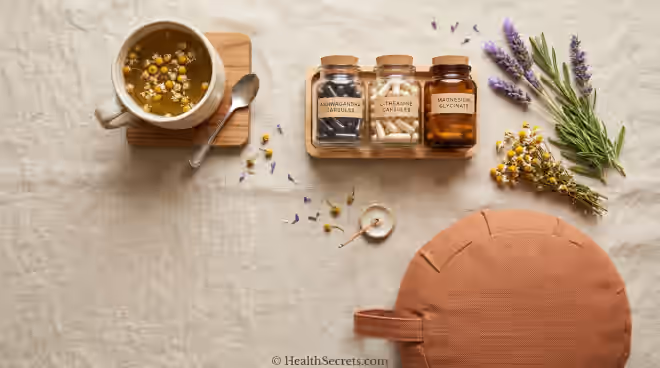 Natural anxiety remedies including ashwagandha, L-theanine, magnesium supplements, chamomile tea, and lavender