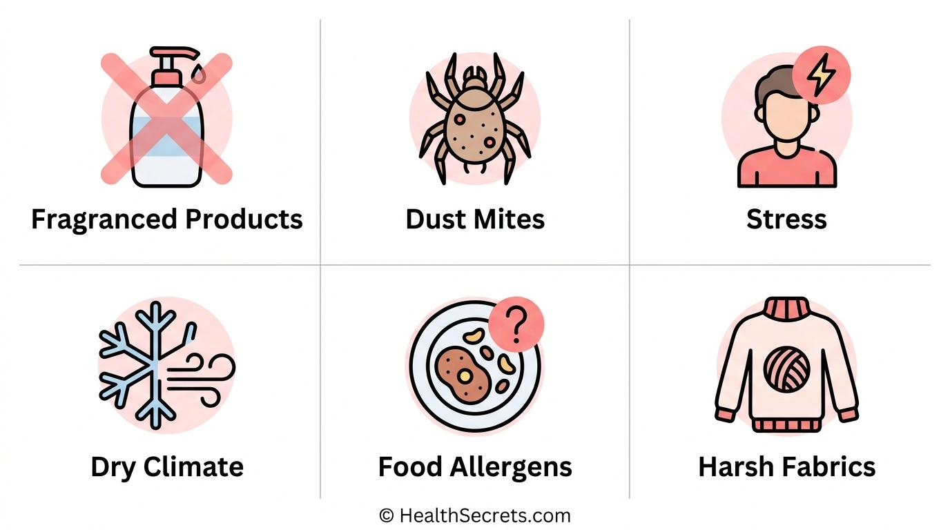 Six common eczema triggers infographic showing fragranced products dust mites stress dry climate food allergens and harsh fabrics