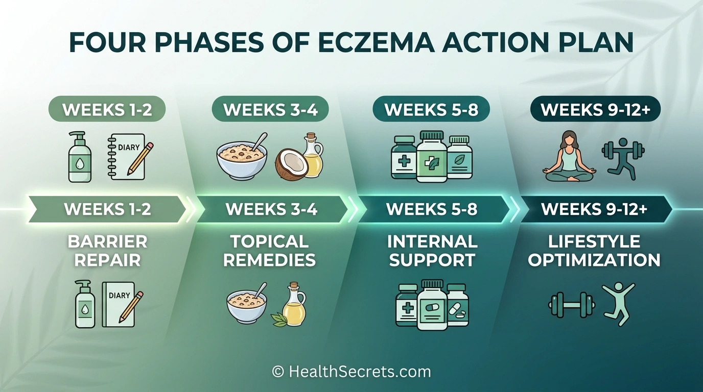 Eczema management action plan timeline showing four phases from barrier repair through topical remedies supplements and lifestyle optimization