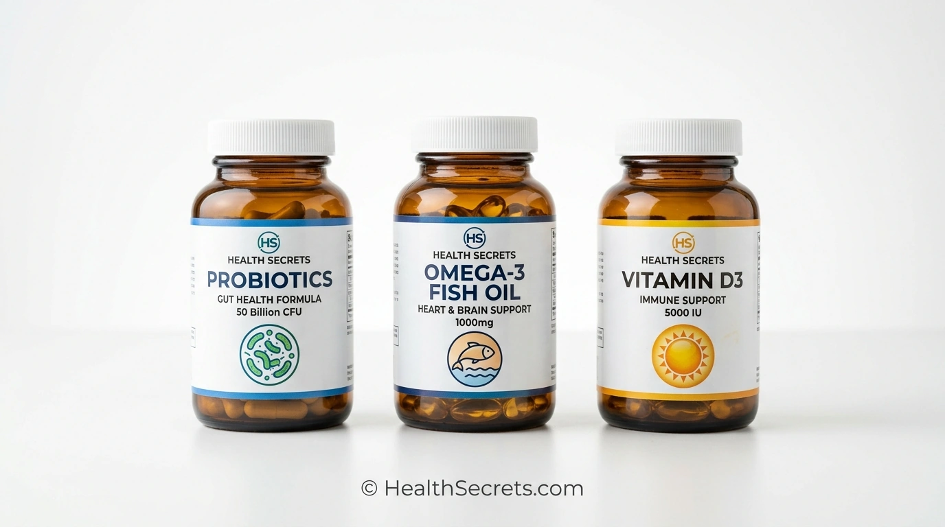 Probiotics omega-3 fish oil and vitamin D3 supplements displayed as evidence-based internal support for eczema management