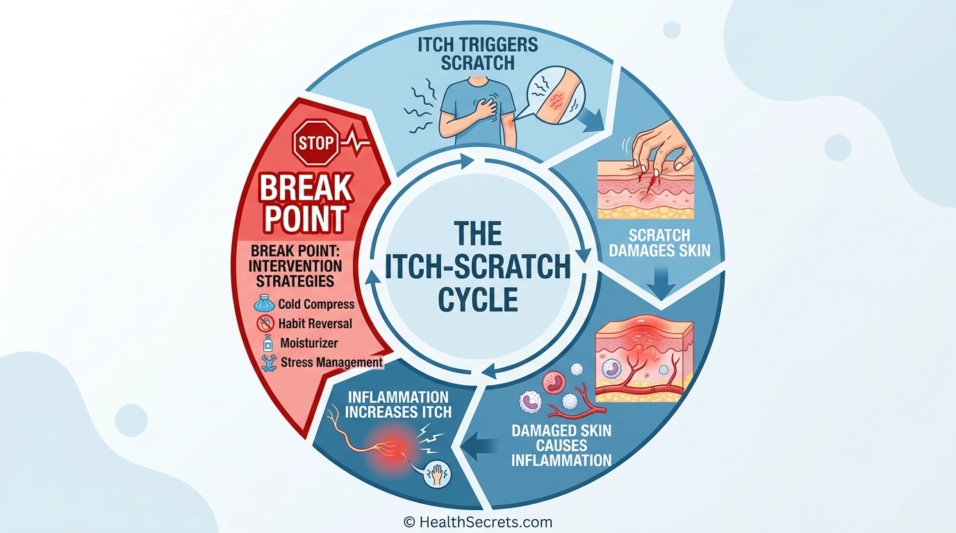 Itch-scratch cycle diagram for eczema showing how to break the cycle with cold compresses habit reversal and stress management