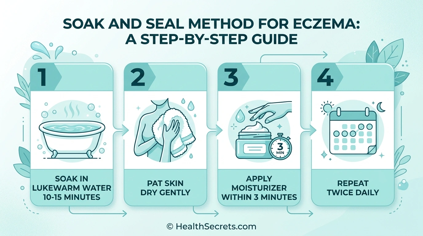 Soak and seal method infographic showing four steps for eczema moisturizing including bathing patting dry applying cream within 3 minutes