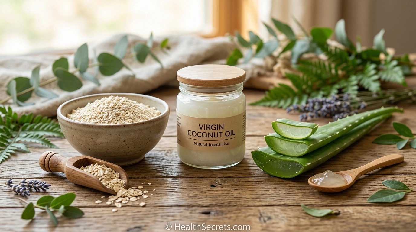 Colloidal oatmeal virgin coconut oil and aloe vera displayed as three evidence-based topical natural remedies for eczema
