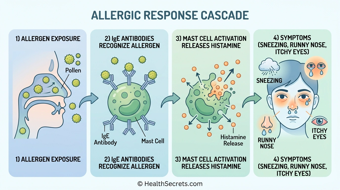 Infographic showing the four-step allergic response cascade from allergen exposure to histamine release and symptoms