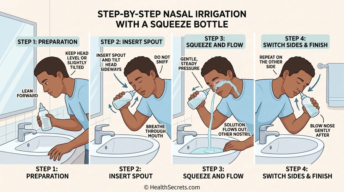 Step-by-step illustration of proper nasal saline irrigation technique for allergy relief