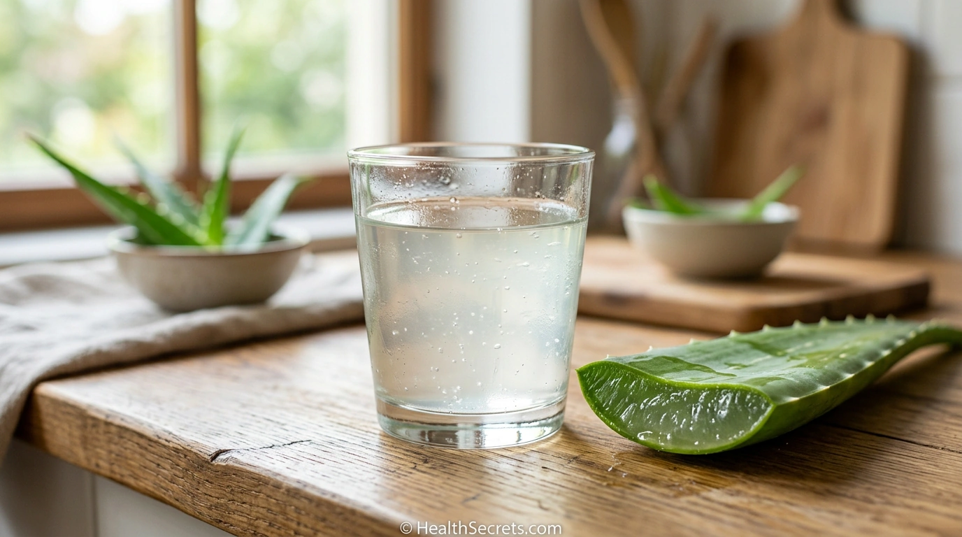 Glass of pure aloe vera inner-fillet juice next to fresh aloe vera leaf for natural heartburn relief
