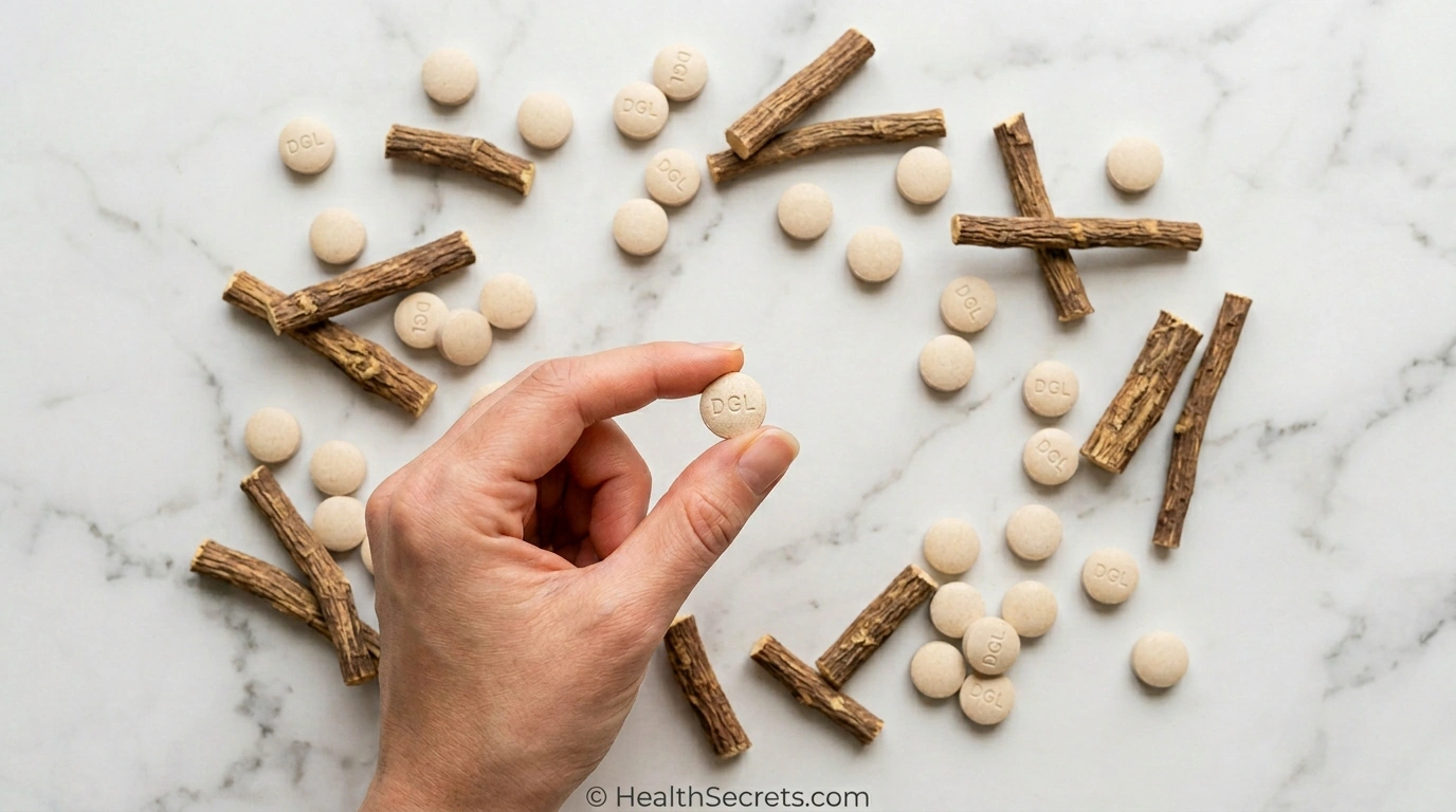DGL deglycyrrhizinated licorice chewable tablets alongside dried licorice root for heartburn protection