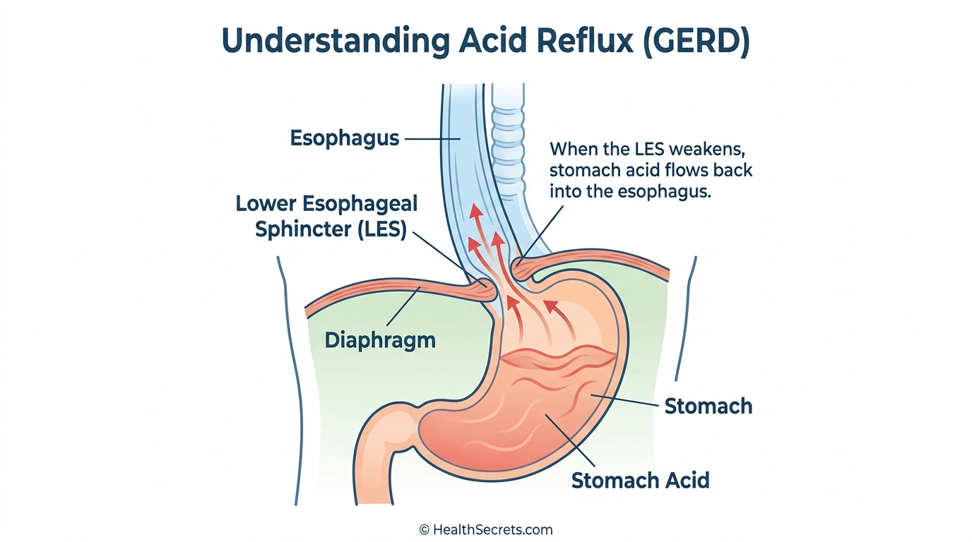 Medical illustration showing how acid reflux occurs when the lower esophageal sphincter weakens and stomach acid flows into the esophagus