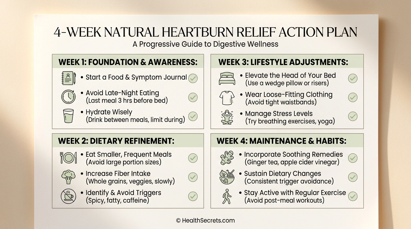 Four-week natural heartburn relief action plan checklist with weekly phases for implementing natural remedies