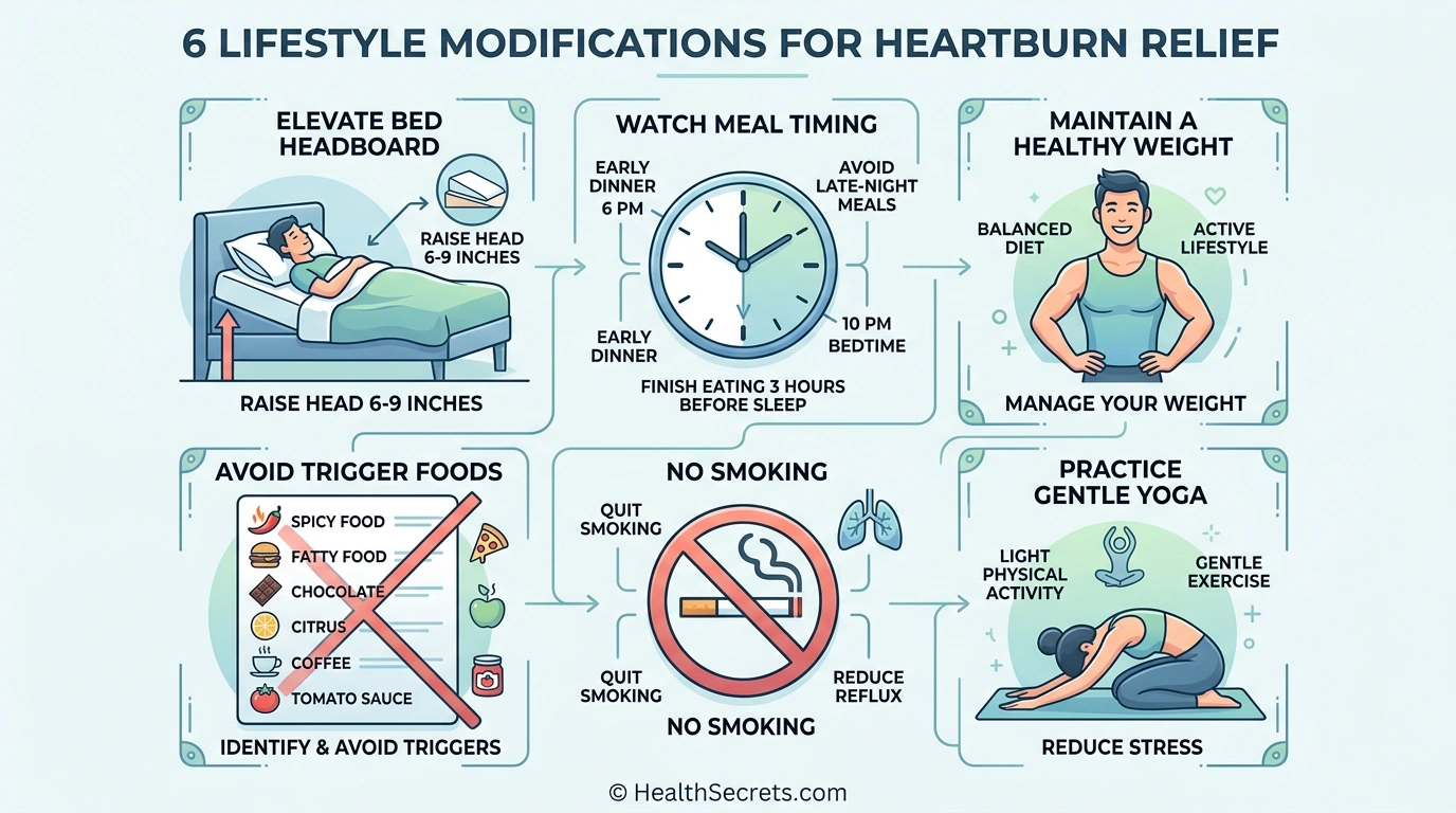 Infographic showing six evidence-based lifestyle modifications for heartburn relief including bed elevation and meal timing