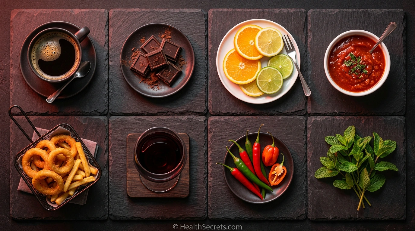 Common heartburn trigger foods including coffee, chocolate, citrus, tomatoes, fried food, alcohol, spicy peppers, and mint