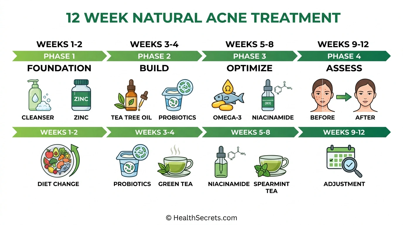 12-week natural acne treatment action plan timeline showing four phases of the protocol