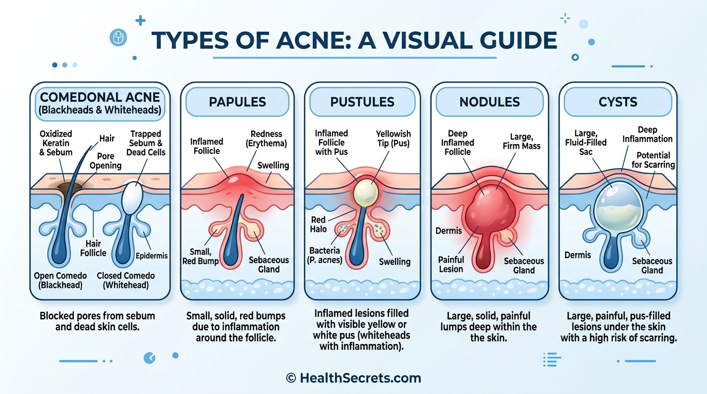 Infographic showing different types of acne including comedonal, inflammatory, nodular, and cystic acne