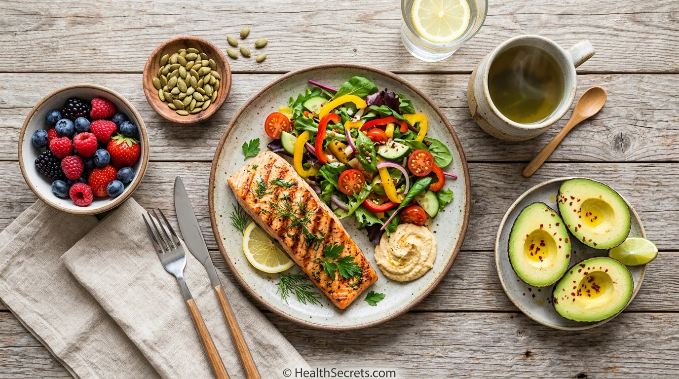 Anti-acne Mediterranean diet foods including salmon, vegetables, berries, green tea, and pumpkin seeds