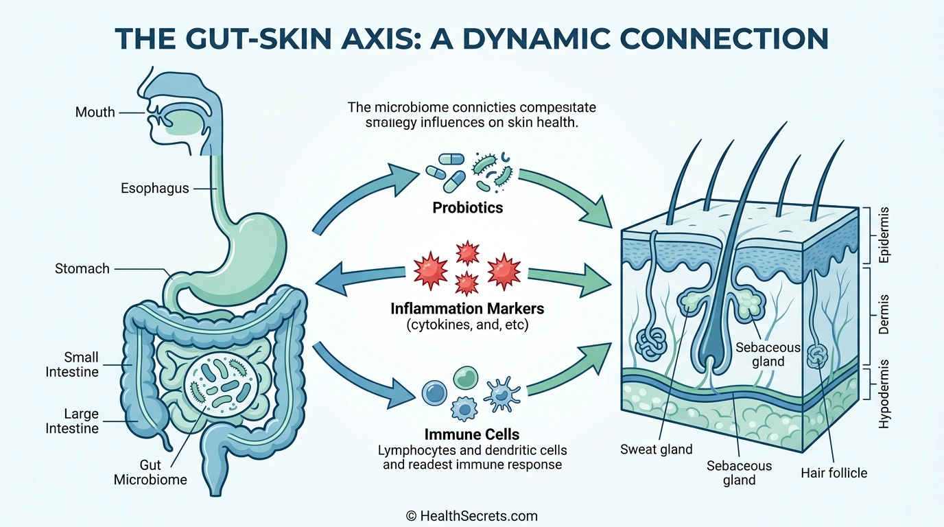 Diagram showing the gut-skin axis connection between digestive health and acne