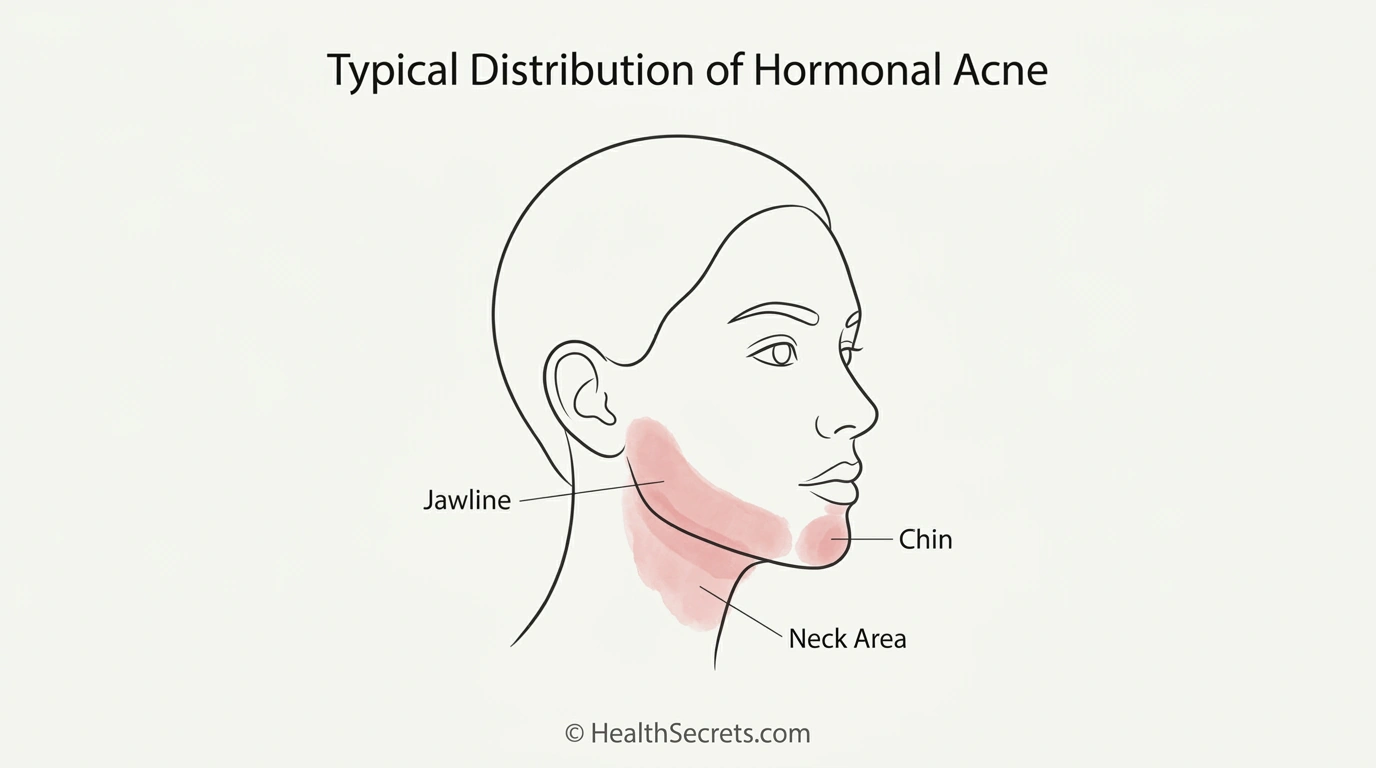 Face map showing hormonal acne location zones along the jawline, chin, and neck