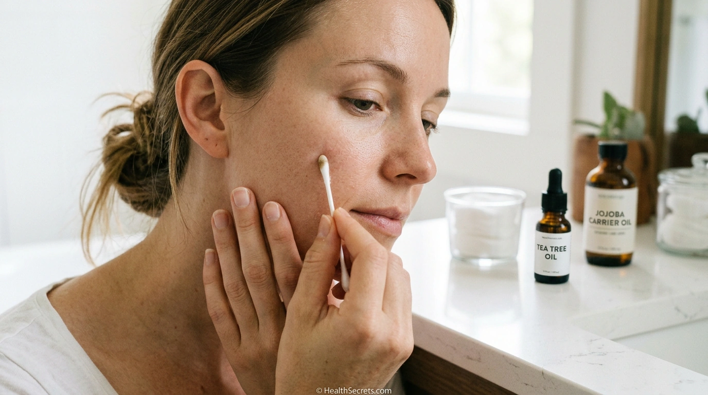 Applying diluted tea tree oil to acne with a cotton swab as a natural acne treatment