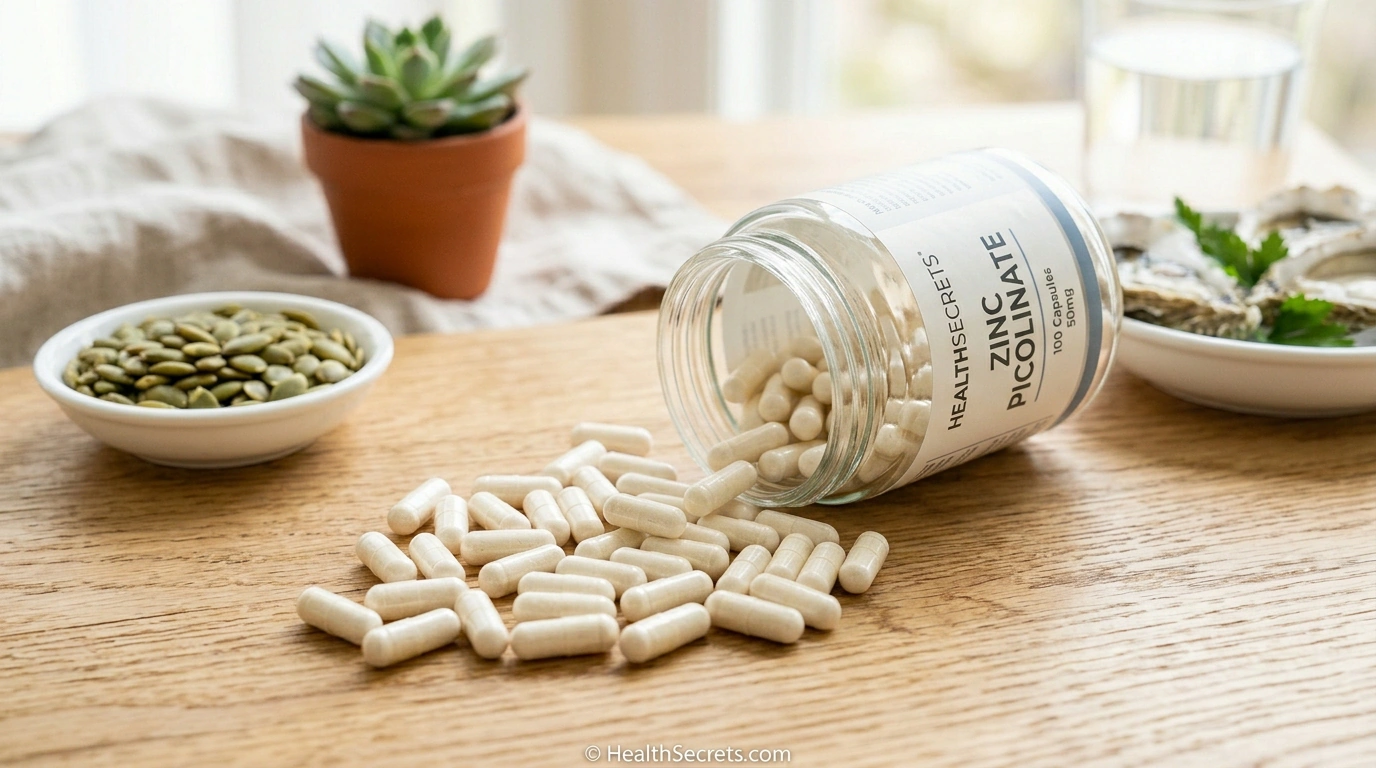 Zinc picolinate supplement capsules alongside natural zinc food sources for acne treatment