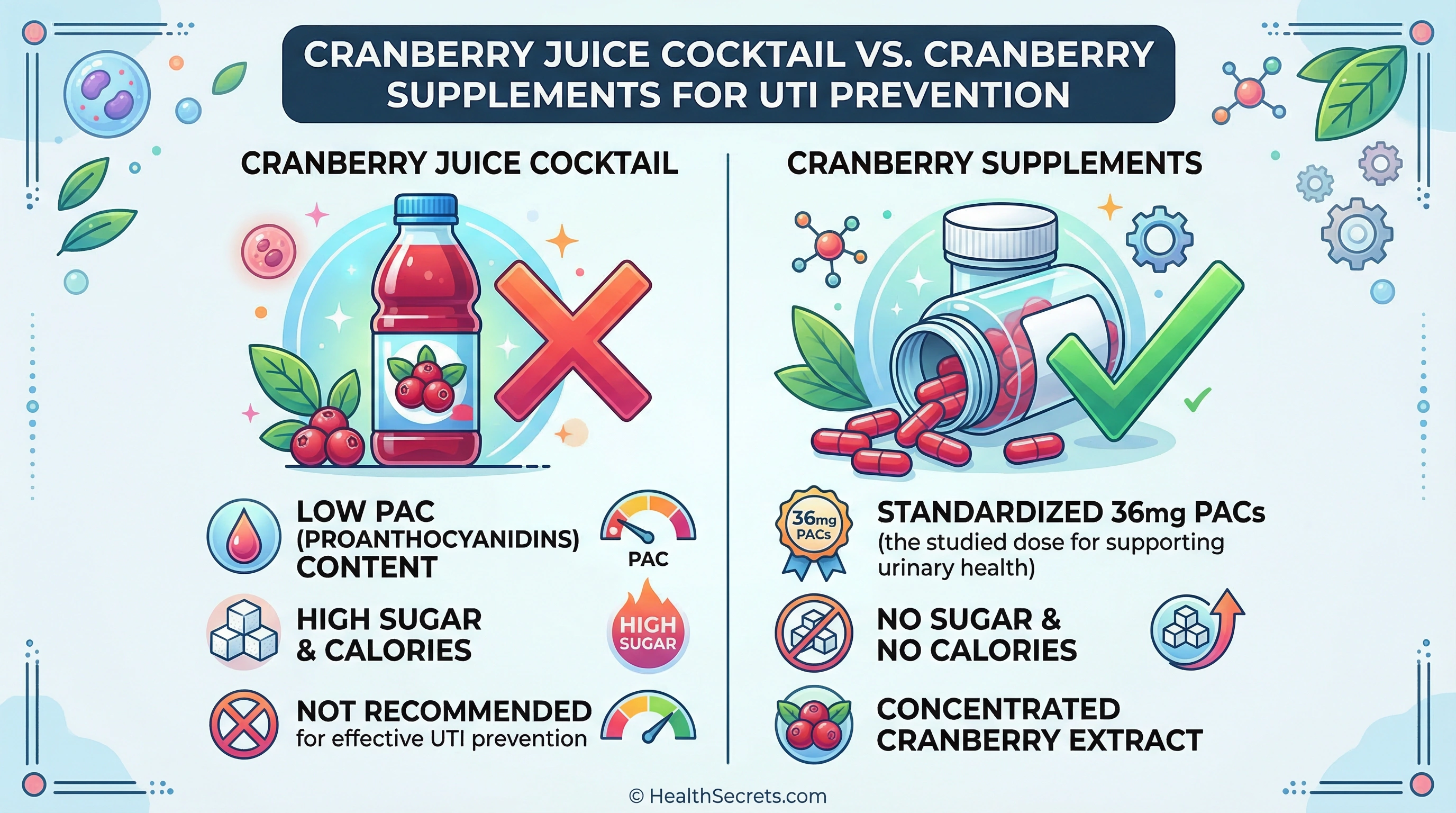 Infographic comparing cranberry juice cocktail versus cranberry supplements showing PAC content differences for UTI prevention