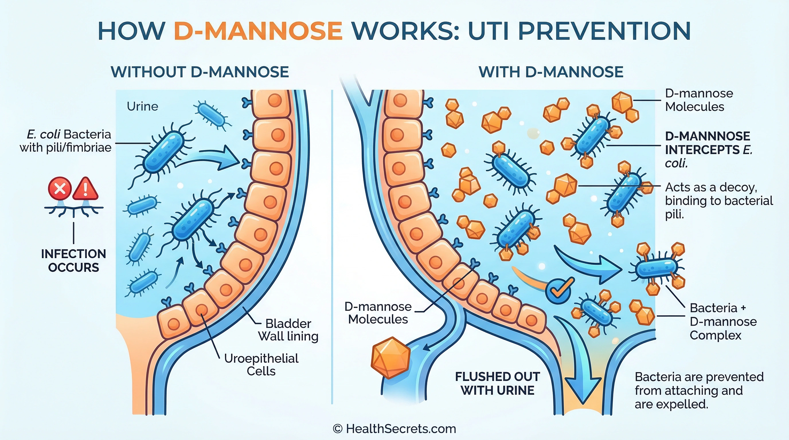 Medical illustration showing how D-mannose blocks E. coli bacteria from adhering to the bladder wall