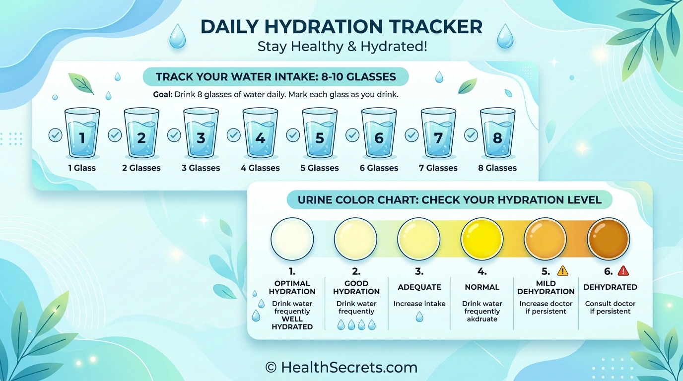 Daily hydration tracker for UTI prevention showing recommended 8-10 glasses of water and urine color guide