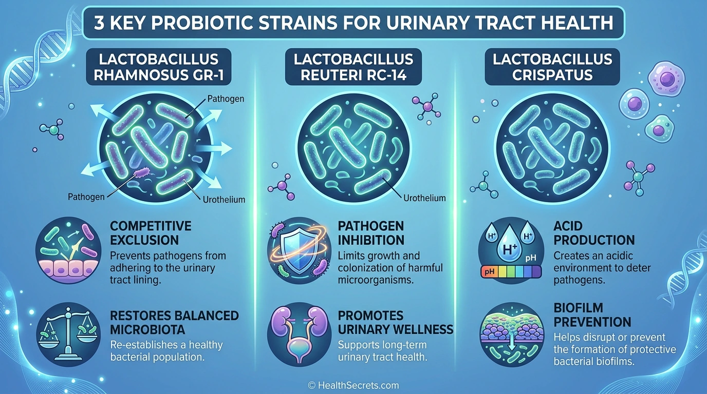 Key probiotic strains for urinary tract health including Lactobacillus rhamnosus and Lactobacillus reuteri