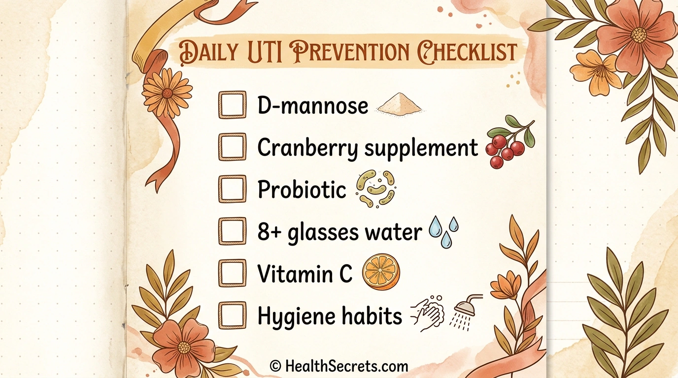 Daily UTI prevention routine checklist including supplements, hydration, and hygiene habits
