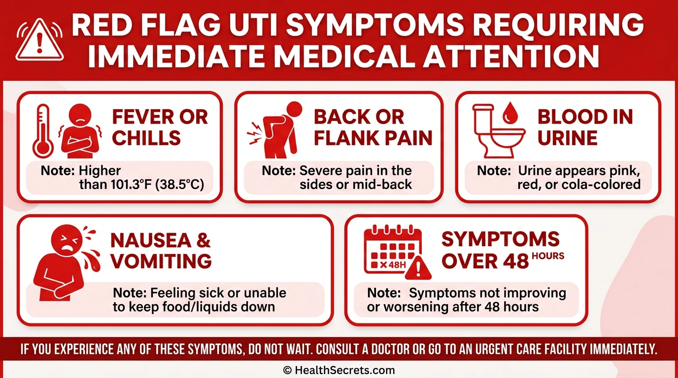 Warning signs infographic showing when UTI symptoms require immediate medical attention including fever and back pain
