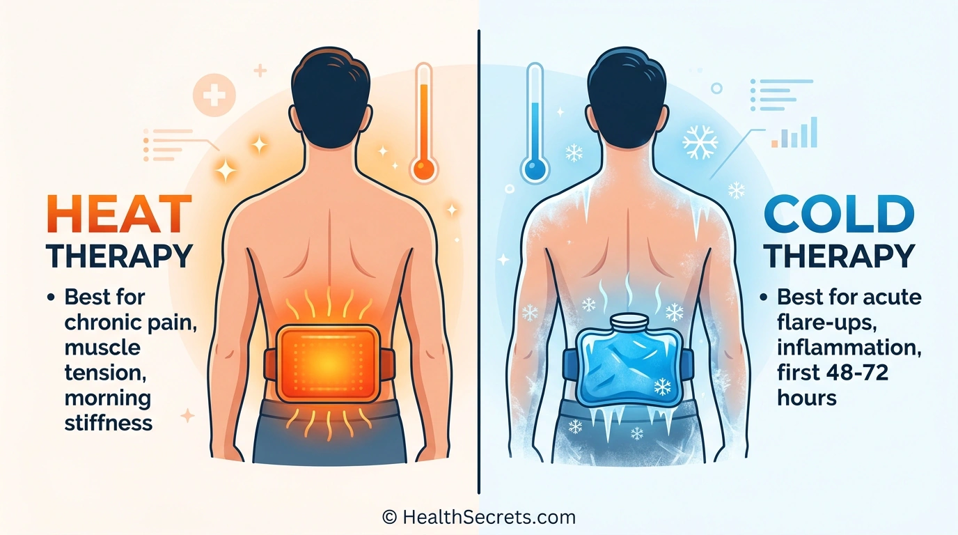 Infographic comparing when to use heat therapy versus cold therapy for different types of back pain