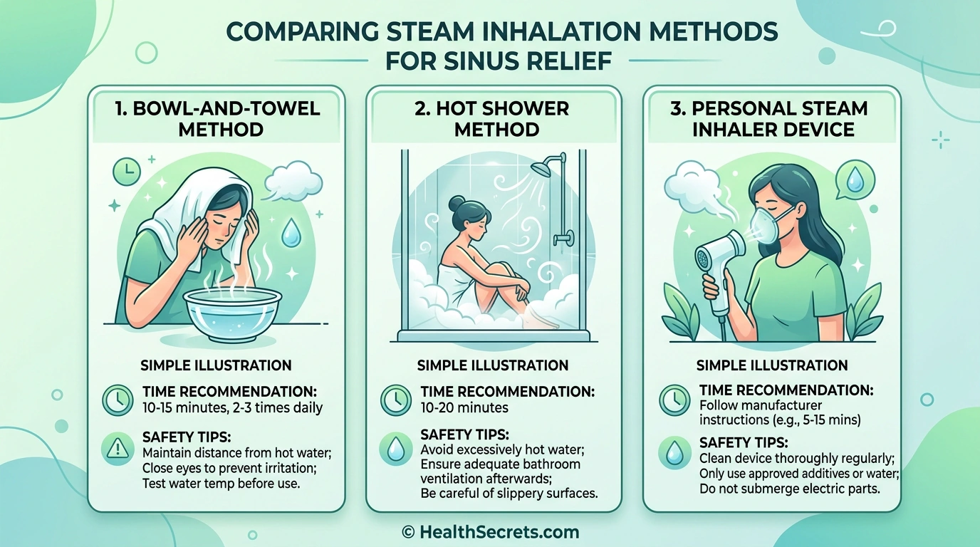 Infographic comparing three steam inhalation methods for sinus congestion relief — bowl method, shower method, and personal inhaler