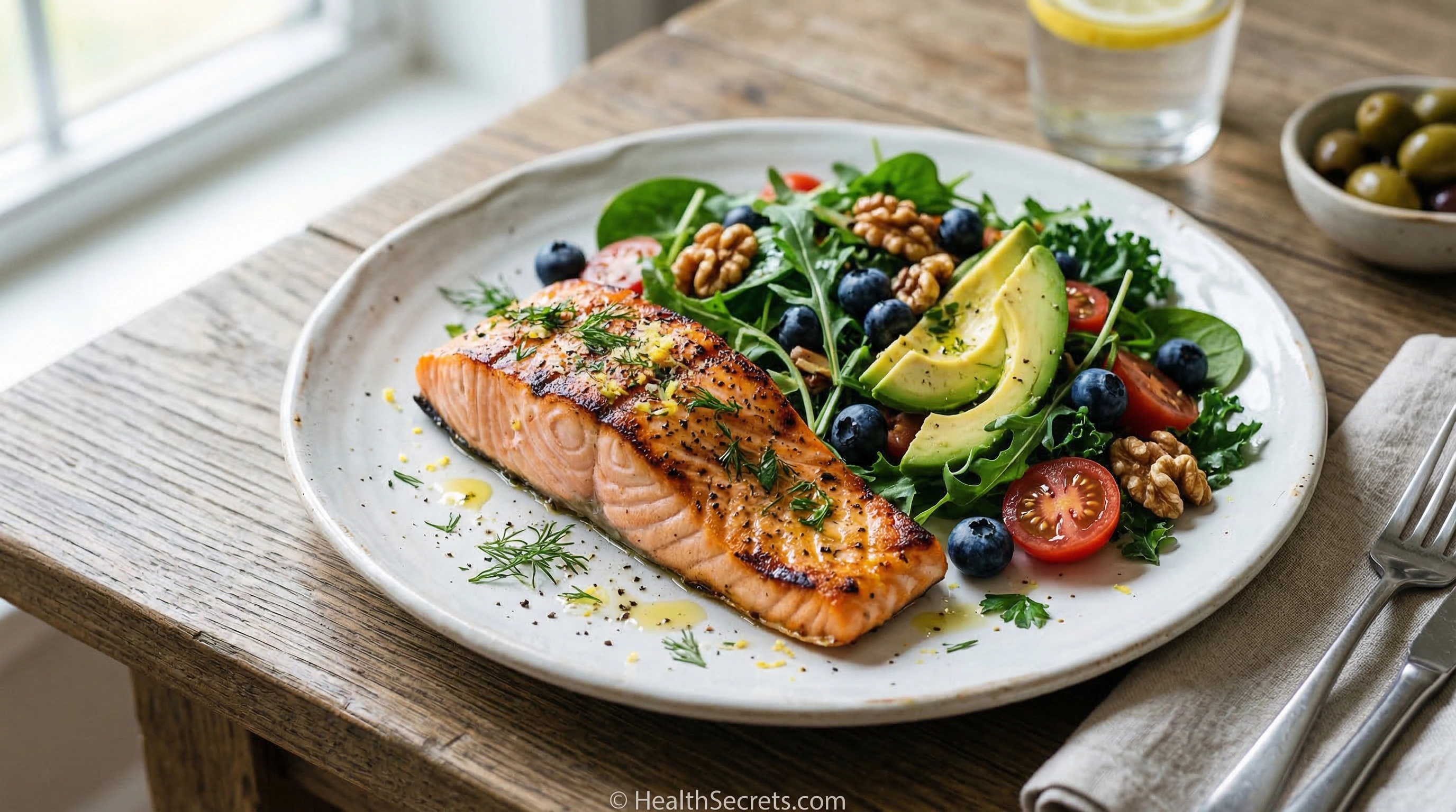 Anti-inflammatory diet plate with grilled salmon mixed greens blueberries walnuts and olive oil representing Mediterranean eating for inflammation reduction