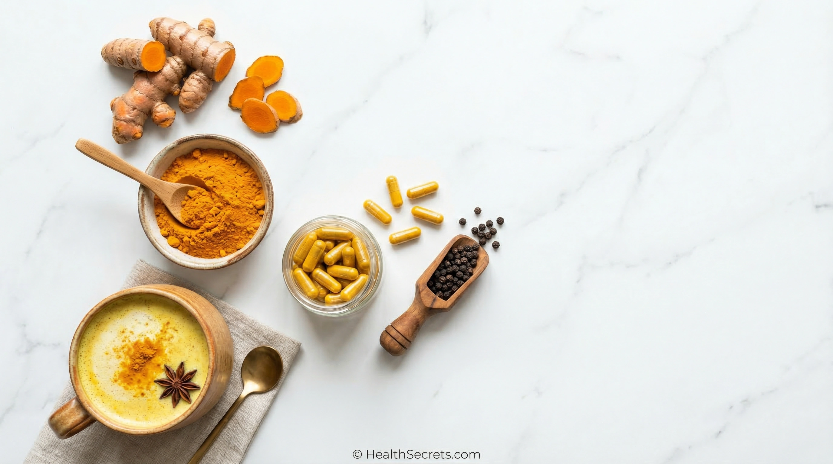 Different forms of turmeric curcumin including whole root powder capsules and golden latte with black peppercorns for enhanced absorption