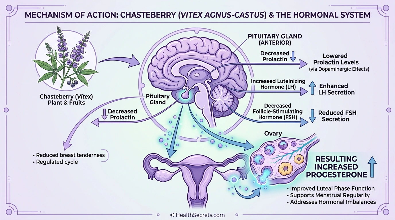 Medical illustration showing chasteberry's mechanism of action on the pituitary gland increasing progesterone and decreasing prolactin for PMS relief