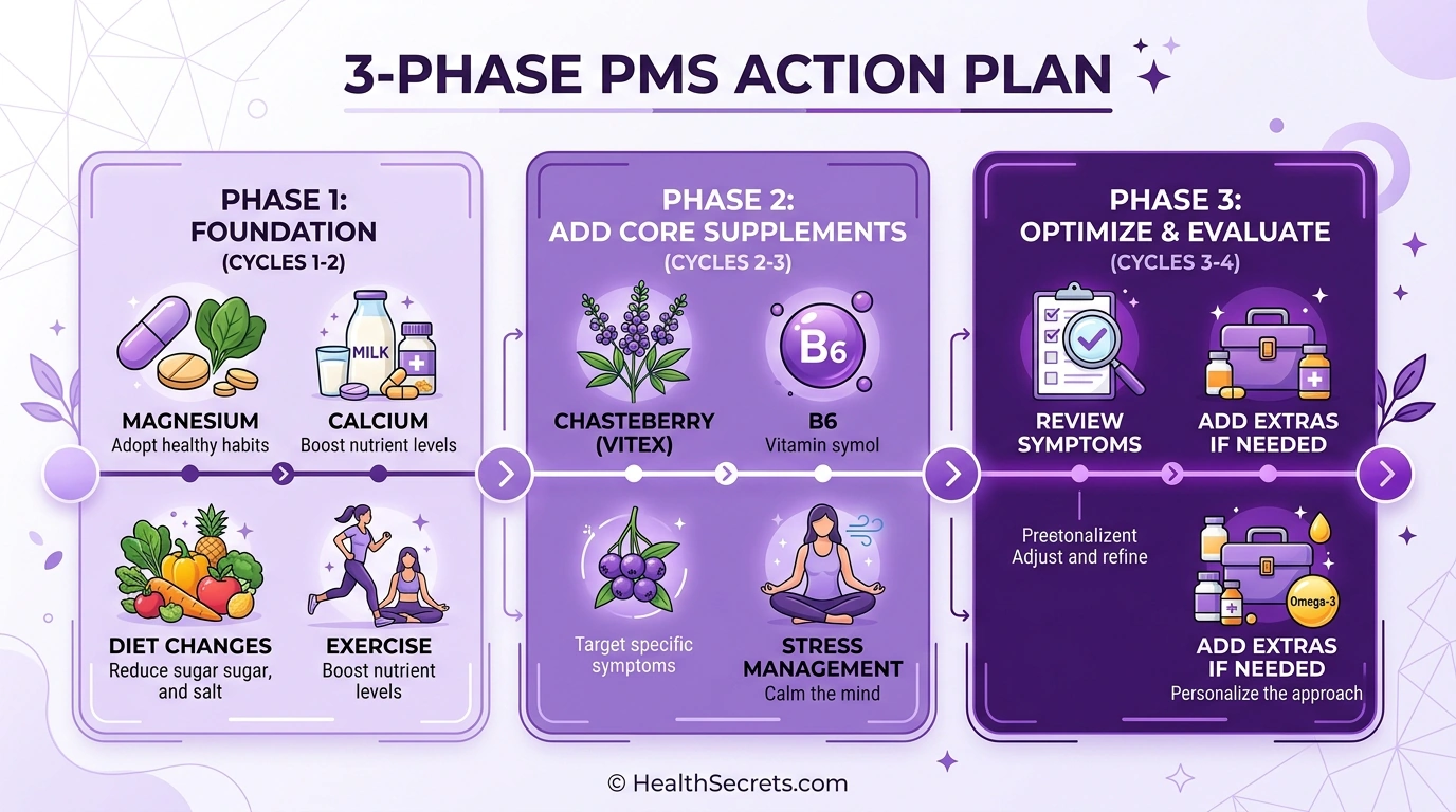 Timeline showing the three-phase action plan for natural PMS relief over four menstrual cycles from foundation supplements to optimization