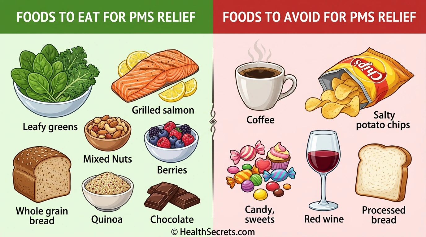 Visual guide showing anti-inflammatory foods that help PMS on the left and foods that worsen PMS symptoms on the right