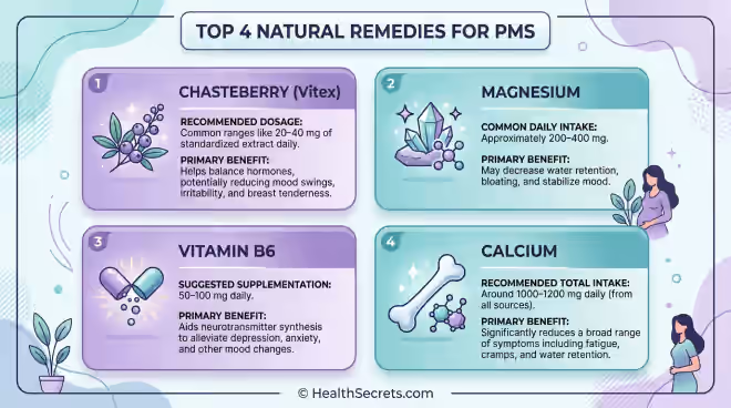 Infographic showing the four most effective natural remedies for PMS: chasteberry 20-40mg, magnesium 200-400mg, vitamin B6 50-100mg, and calcium 1000-1200mg with their primary benefits