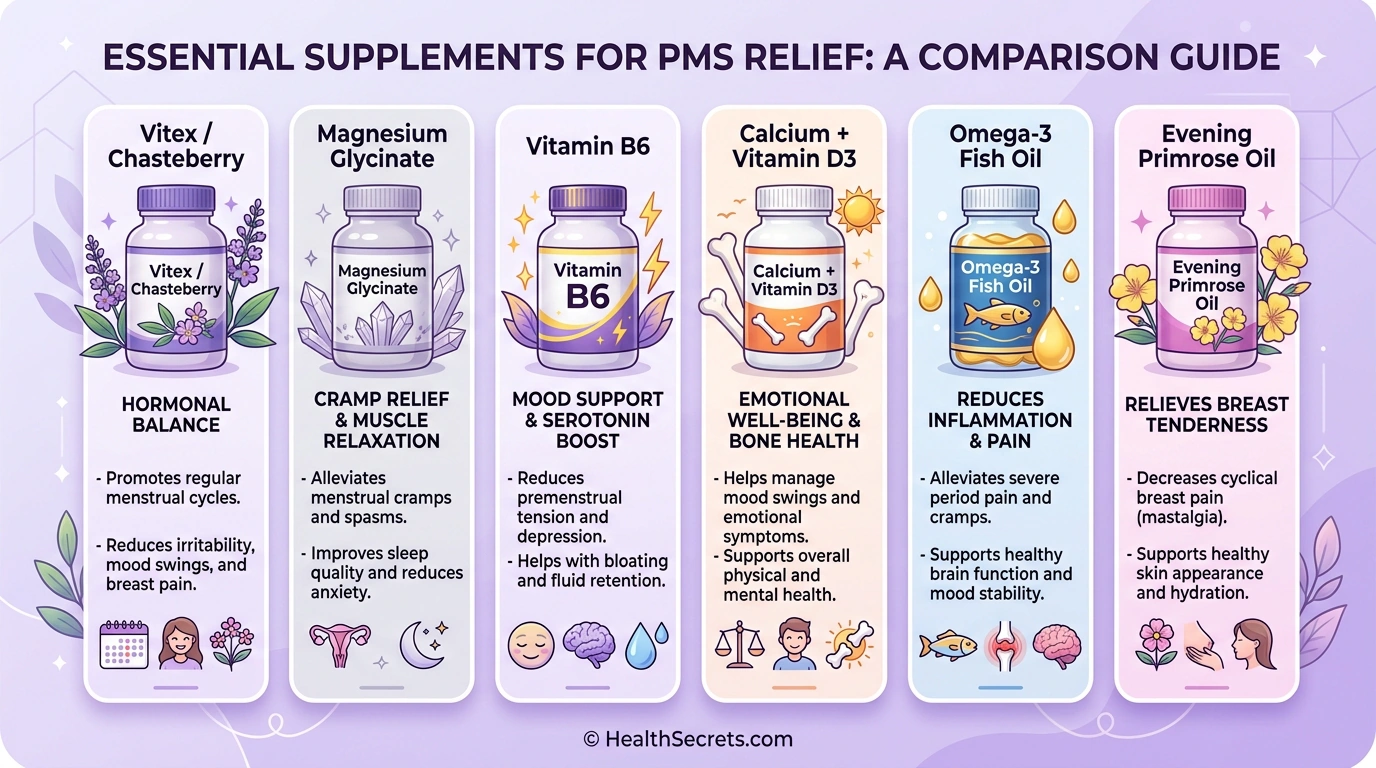 Visual comparison of six recommended supplements for PMS relief showing chasteberry magnesium vitamin B6 calcium omega-3 and evening primrose oil with their primary benefits