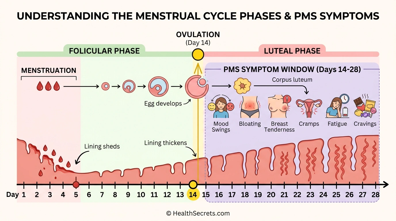 Diagram of the menstrual cycle showing PMS symptoms occurring during the luteal phase one to two weeks before menstruation