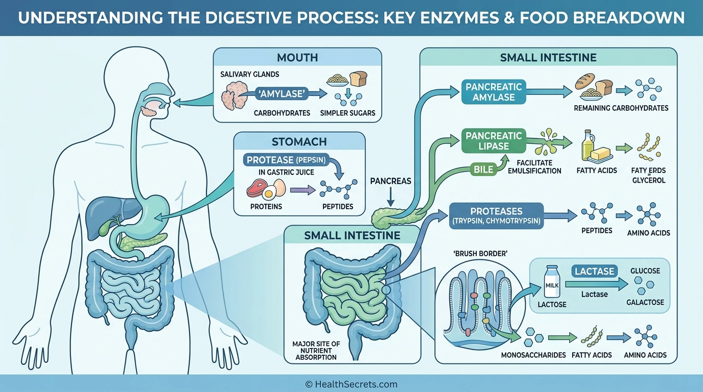 Illustration of digestive enzymes breaking down food types in the digestive system for gas and bloating relief