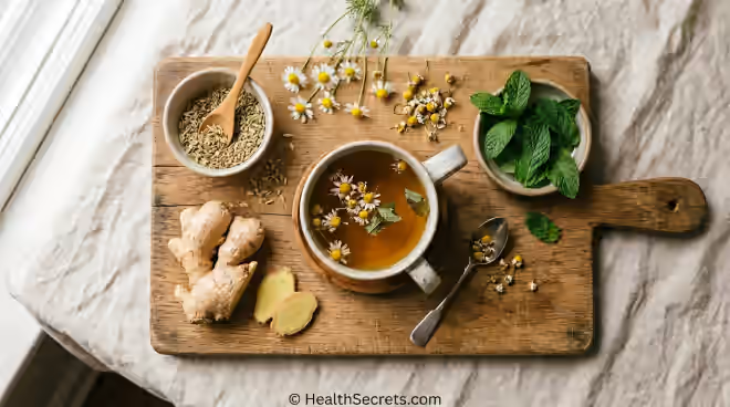 Natural remedies for gas and bloating including fennel seeds, ginger, chamomile, and peppermint arranged on a wooden board