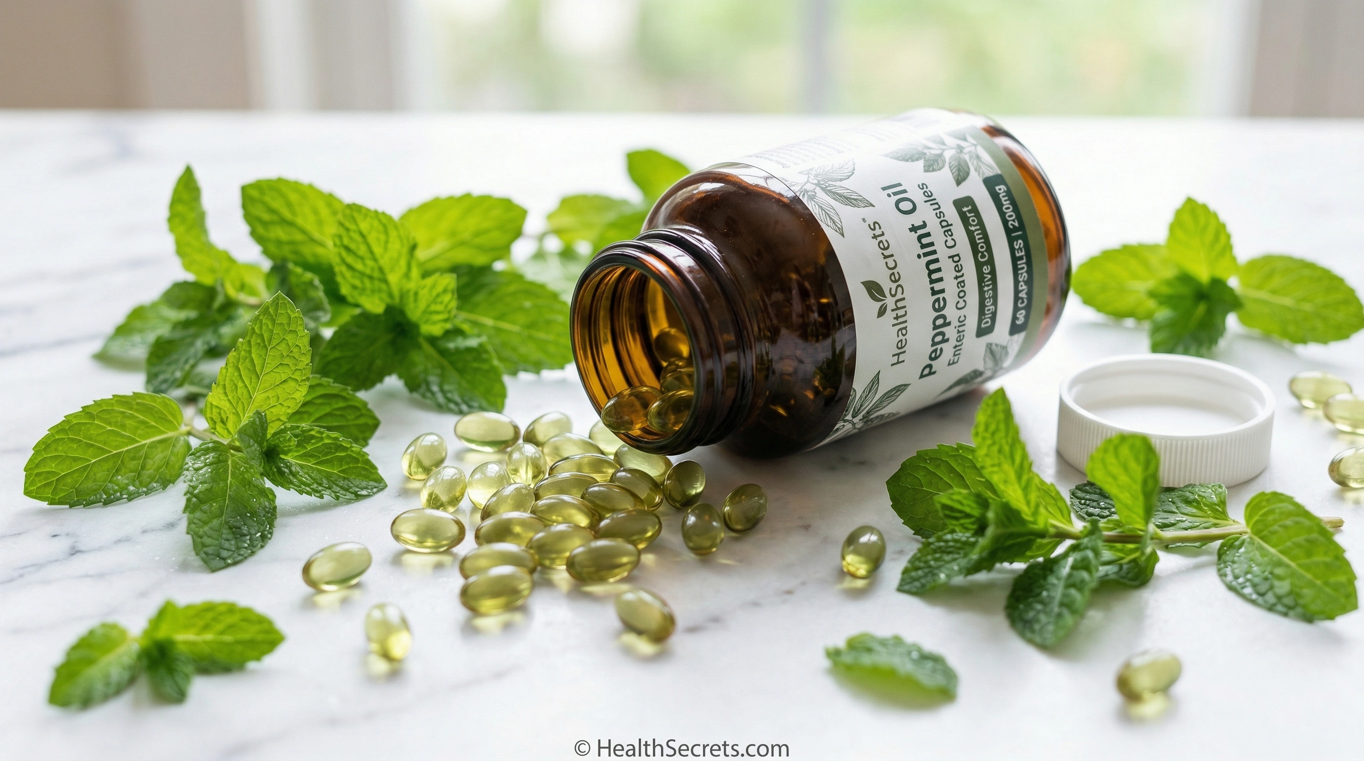 Enteric-coated peppermint oil capsules with fresh peppermint leaves for natural gas and bloating relief