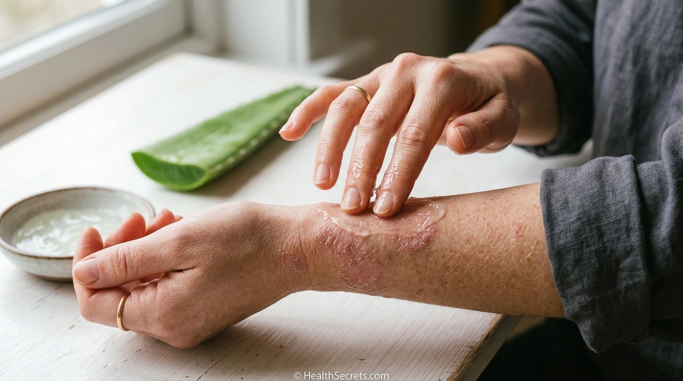 Applying pure aloe vera gel to psoriasis plaques on forearm for natural skin inflammation relief